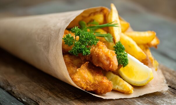 appetizing full view of a paper cone filled with golden fried fish fillets and crispy potato wedges, typical street food from a food truck