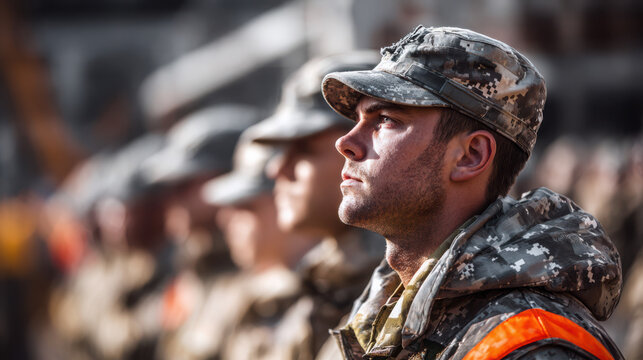 Soldiers in camouflage uniforms standing in a line looking ahead