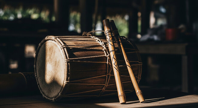 Traditional Ethnic Drum and Percussion Sticks on Wooden Surface, Cultural Heritage