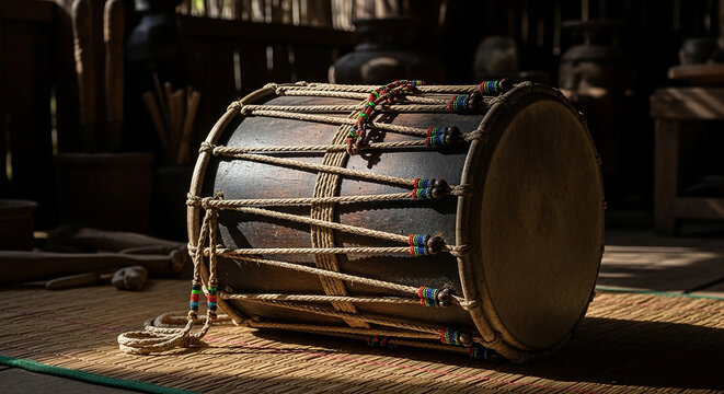 Traditional Ethnic Drum with Decorative Beads in Rustic Village Setting