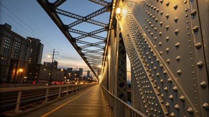 Fototapeta premium Illuminated steel truss bridge pathway at dusk overlooking an urban cityscape