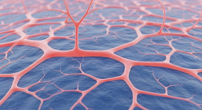 Intricate biological network of capillaries and blood vessels. Circulatory system and vascular health. Pink branching structure forming a web-like pattern on a blue organic base