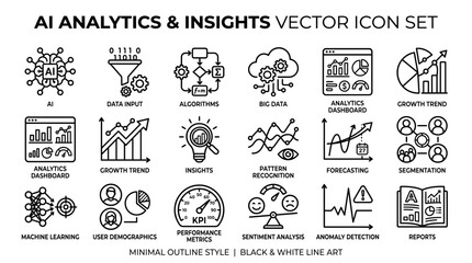 Fototapeta premium Comprehensive Collection of AI and Data Analytics Line Icons for Business Intelligence and Technology Solutions