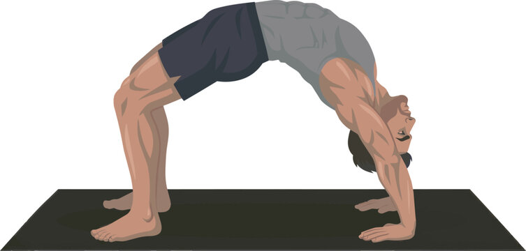 A digital illustration of a muscular man in athletic apparel, performing the wheel (Urdhva Dhanurasana) yoga pose on a black exercise mat against a white background.