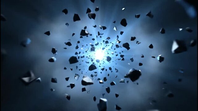 A dramatic explosion of fragmented particles radiates outwards from a central bright light source.