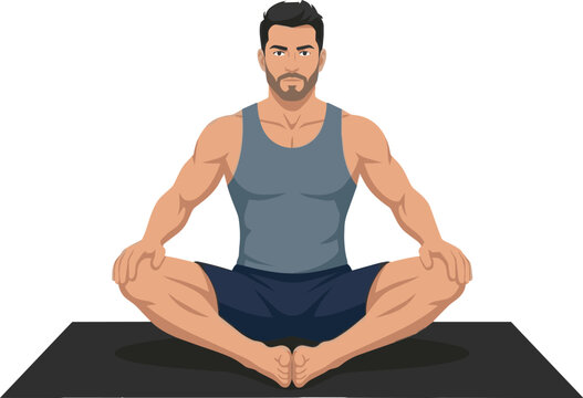 A digital illustration of a muscular man in athletic apparel, performing the seated butterfly (Baddha Konasana) yoga pose on a black exercise mat against a white background.