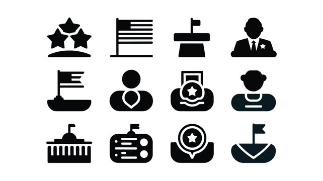 Vector icons featuring government and authority symbols including flags stars officials and awards on white background