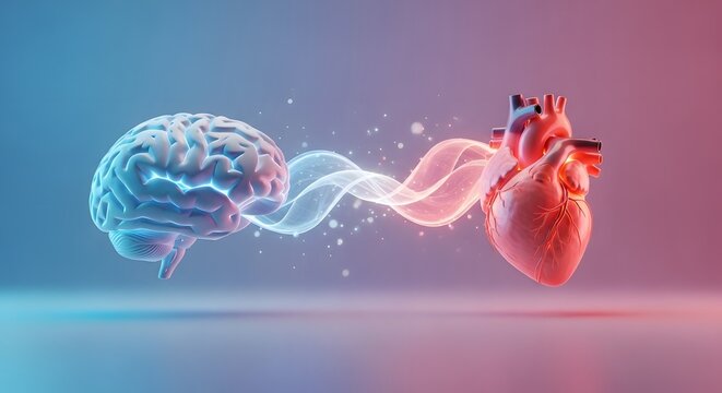 Human brain and heart connected by glowing energy lines. Holistic wellness and cognitive function. Anatomical representation of the link between logic and emotion on a soft background.
