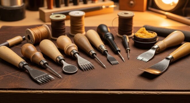 A vintage collection of leather crafting tools including awls, chisels, and groovers arranged on a leather surface.