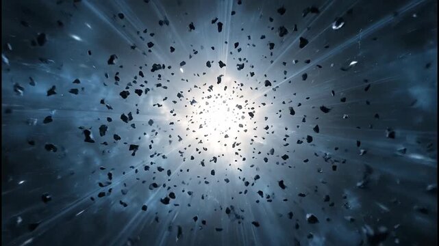 A dramatic view through a field of asteroids and space debris hurtling towards a bright light source.