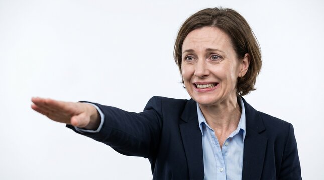 Terrified person giving forced polite smile