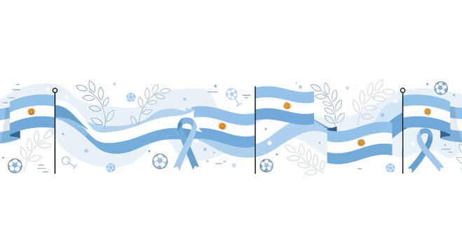 Argentina Flags Waving with Soccer Balls and Ribbons - White Background