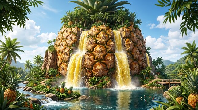 A surreal tropical paradise with a giant pineapple island featuring waterfalls and lush greenery under a blue sky with white clouds