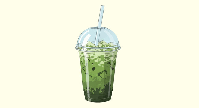 Factual vector illustration of an iced matcha green tea latte in a clear plastic takeaway cup with a dome lid and straw, featuring marbled green and white layers and ice cubes.