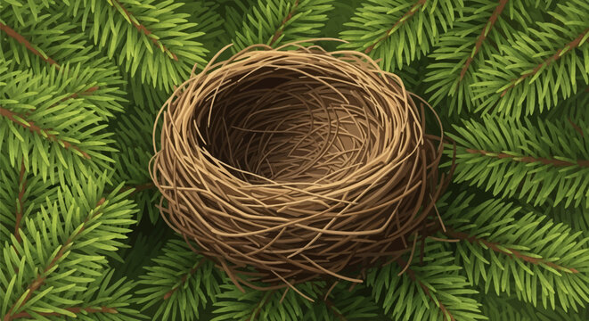 Vector illustration of an empty rustic bird nest woven from brown twigs and dried grass, resting securely on green spruce conifer evergreen branches with needles in a forest.