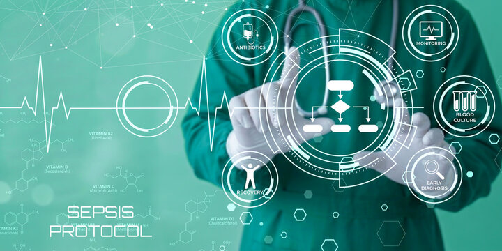 Medical professional following sepsis treatment protocol with digital health monitoring and recovery visualization