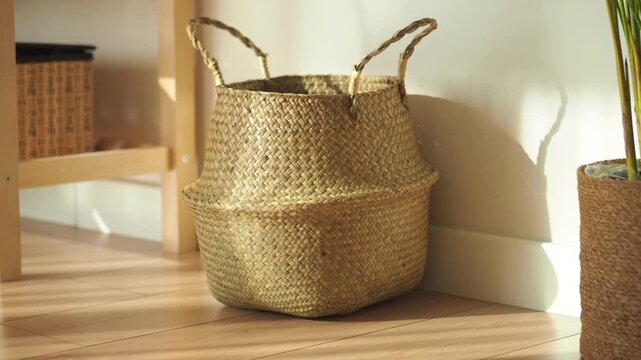 Woven basket and plant in bright room corner