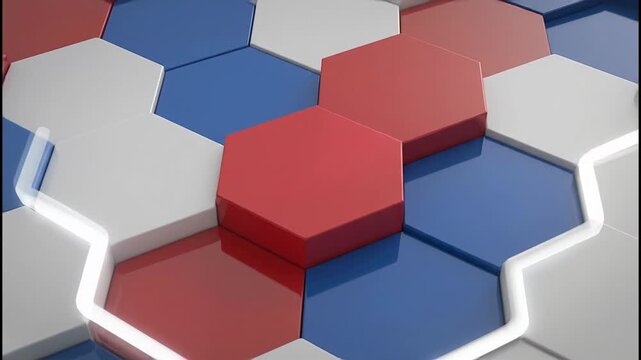A vibrant, abstract pattern of red, white, and blue hexagonal tiles creates a dynamic and visually engaging geometric design.
