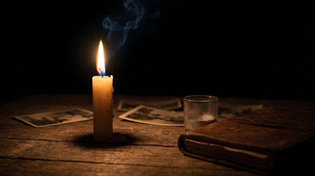 A single lit candle illuminating tarot cards and an old leather book on a rustic wooden table.