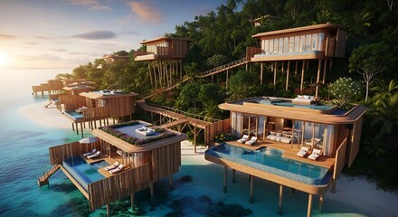 Fototapeta premium Modern wooden luxury villas feature private infinity pools and elegant outdoor lounge furniture resting on tall stilts above the water
