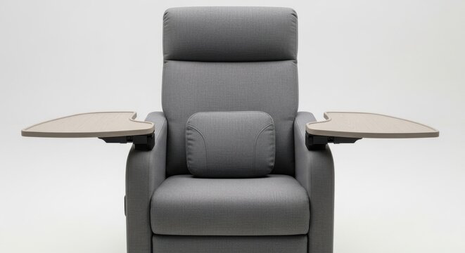 Comfortable gray fabric recliner chair with integrated swivel trays and adjustable lumbar support for modern living spaces