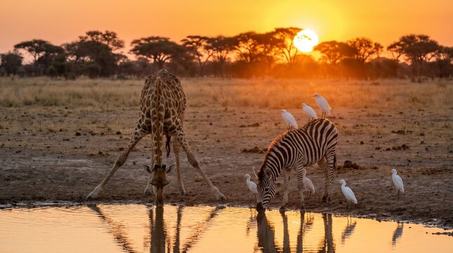 Giraffe and zebra at a watering hole