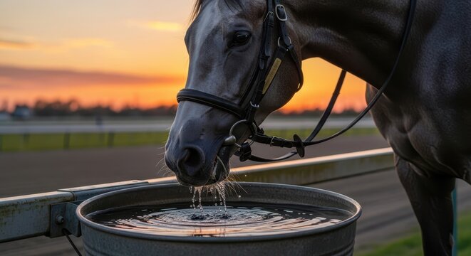 Dark horse drinking from water bucket at sunset