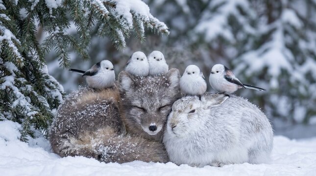 Arctic fox, hare, and birds in the snow