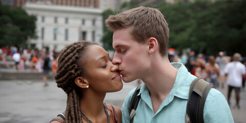 Obraz premium Romantic moment between couples in urban park love story heartwarming atmosphere close-up
