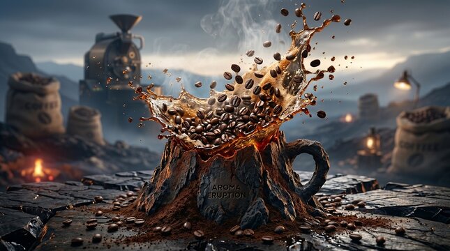 A dark fantasy coffee cup overflowing with coffee beans and liquid on a stone surface with burlap sacks and a coffee grinder in the background in a dramatic scene