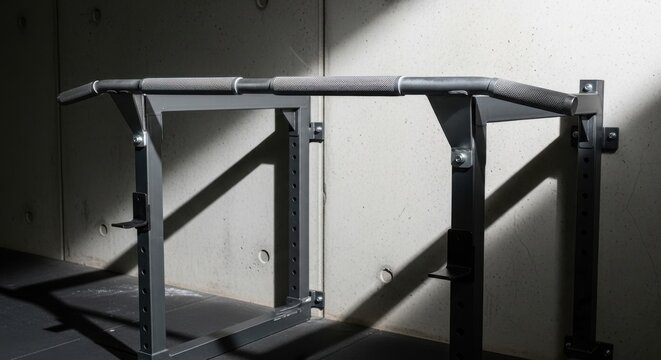 Grey textured grip bar for pull ups mounted securely on a gym wall