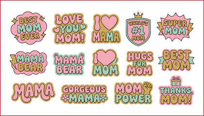 Naklejka premium retro pastel Mother's Day typography sticker set vector illustrations.