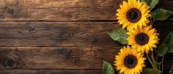 Obraz premium Three sunflowers with green leaves on a rustic wooden table sunflowers agriculture cheerful sunshine background