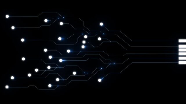 4k 3d Circuit Board with neon line moving electrons Data Flow Loop Background Animation. Artificial Intelligence. Visualization Machine Learning.4k animation video.