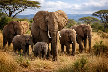 Fototapeta premium Majestic African Elephants with Young Calf Grazing in Natural Habitat During a Warm Sunny Afternoon