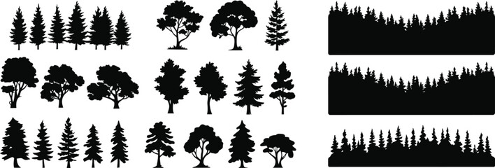 Black silhouettes of various trees and forest borders © MDRAJU