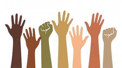 Fototapeta premium Colorful illustration of multiple raised hands in different skin tones and colors, symbolizing diversity and unity