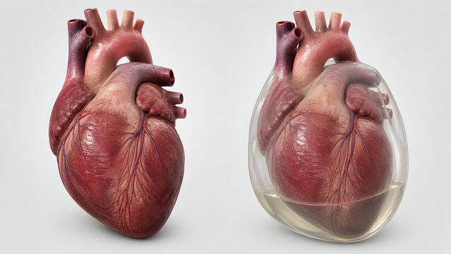 3D heart cutaway, pericardial sac, mild pericardial effusion, pericardial fluid layer, realistic cardiac anatomy, great vessels, medical render