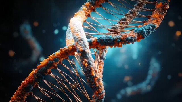 A detailed image of a DNA double helix with vibrant orange and blue color with focus on the strands