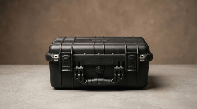 Black rugged waterproof case with latches on a textured background waterproof protection container equipment