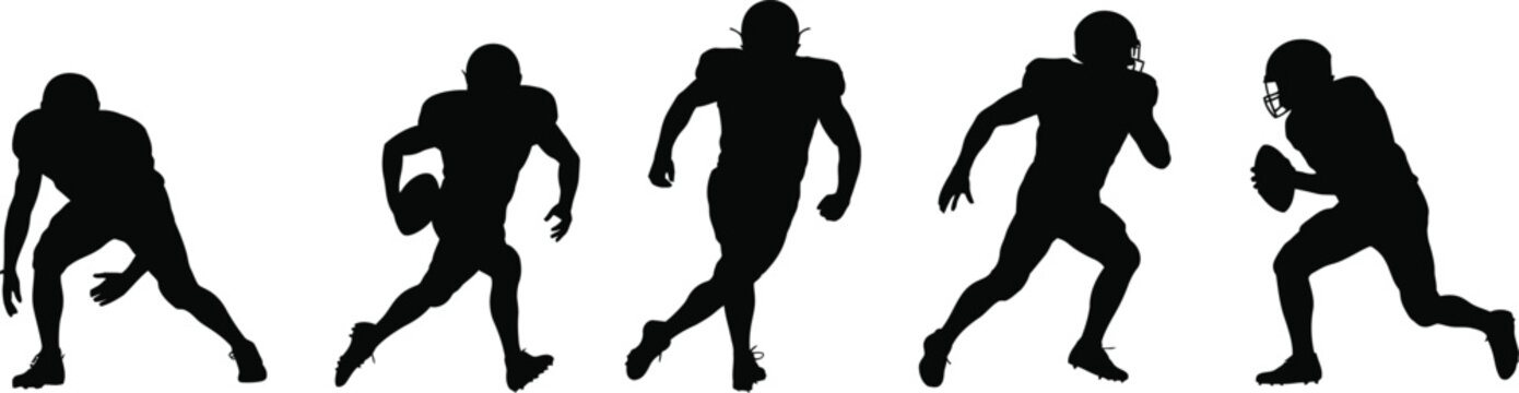 Five black silhouettes of american football players in action