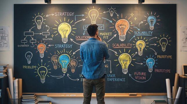 Man contemplating colorful idea lightbulb diagram on a blackboard with thought process lightbulb brainstorming