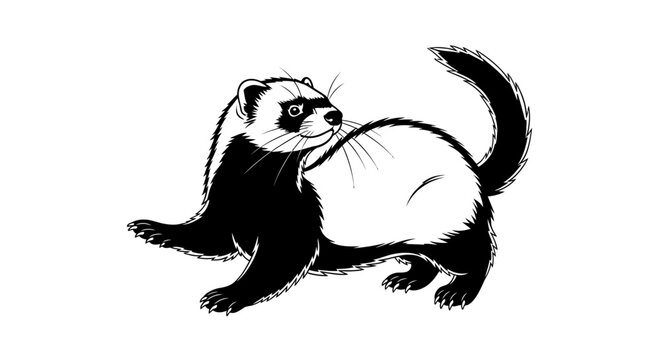 Cute ferret or polecat illustration in minimalist line art, black and white weasel vector isolated on white.
