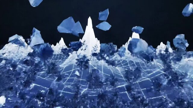 Abstract digital ice shattering with glowing grid lines