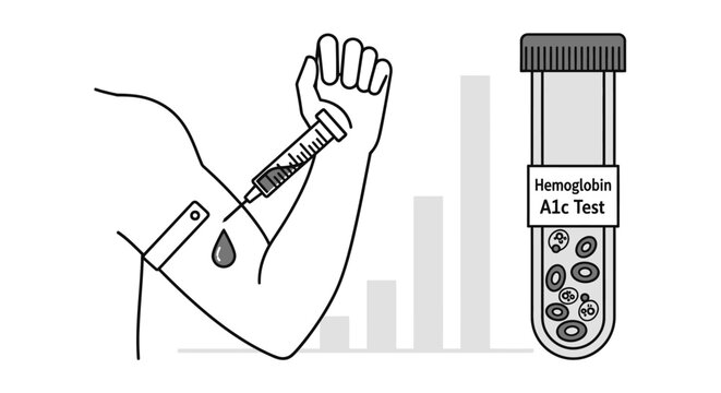 Hemoglobin A1c test concept with blood collection from arm and test tube illustration.
