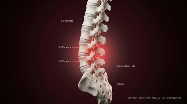 3D rendered human spine with red highlight indicating pain or injury on a dark medical background vertebra skeleton