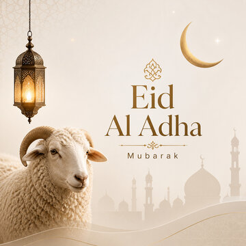 Eid Al Adha mubarak background design with mosque, Lantern and sheep