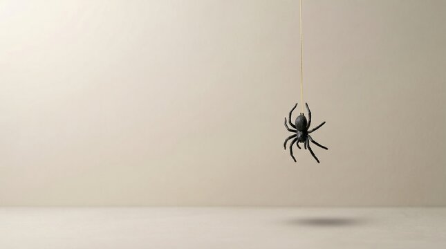 Small black spider hanging on a single thread against a minimalist light beige studio background with arachnid, delicate