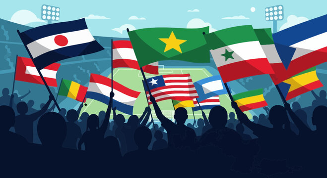 Diverse Crowd Waving Flags at Sports Stadium Event
