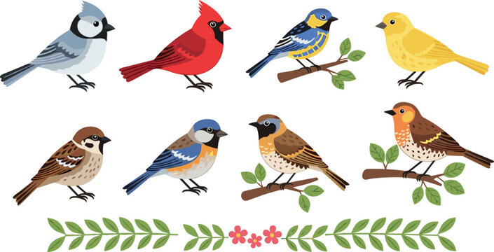 Colorful Birds on Branches Vector Illustration for Nature, Wildlife, and Ornithology Design